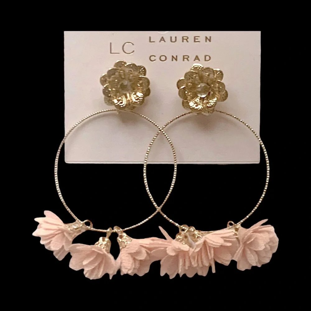 LC Lauren Conrad Gold Hoop Earrings with Pink Floral Accents NWT